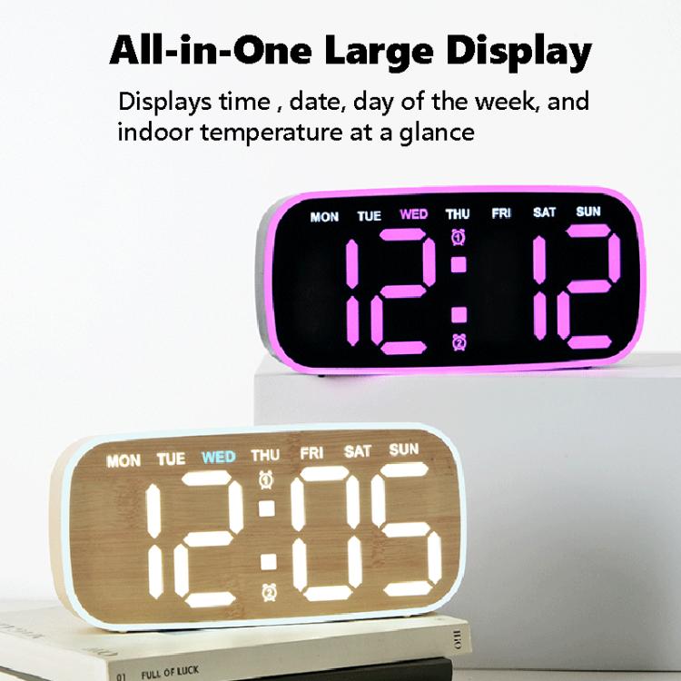 Orologio digitale moderno da parete e da scrivania con ampio display a LED, indicazione di data, giorno della settimana, temperatura e luminosità regolabile. Orologio decorativo silenzioso.