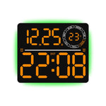 Grande orologio digitale da parete a LED con luce ambientale RGB a colori variabili, doppia sveglia e timer, ideale per palestra, ufficio e arredamento domestico.