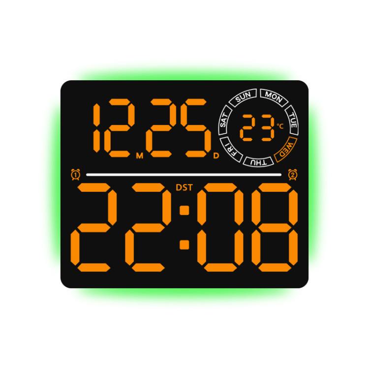 Grande orologio digitale da parete a LED con luce ambientale RGB a colori variabili, doppia sveglia e timer, ideale per palestra, ufficio e arredamento domestico.