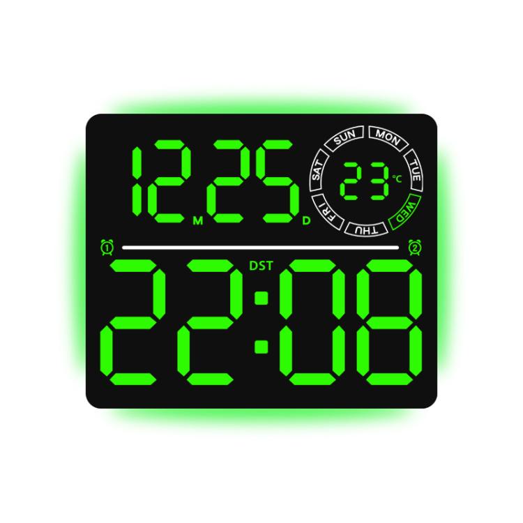 Grande orologio digitale da parete a LED con luce ambientale RGB a colori variabili, doppia sveglia e timer, ideale per palestra, ufficio e arredamento domestico.