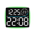 Grande orologio digitale da parete a LED con luce ambientale RGB a colori variabili, doppia sveglia e timer, ideale per palestra, ufficio e arredamento domestico.