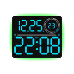 Grande orologio digitale da parete a LED con luce ambientale RGB a colori variabili, doppia sveglia e timer, ideale per palestra, ufficio e arredamento domestico.