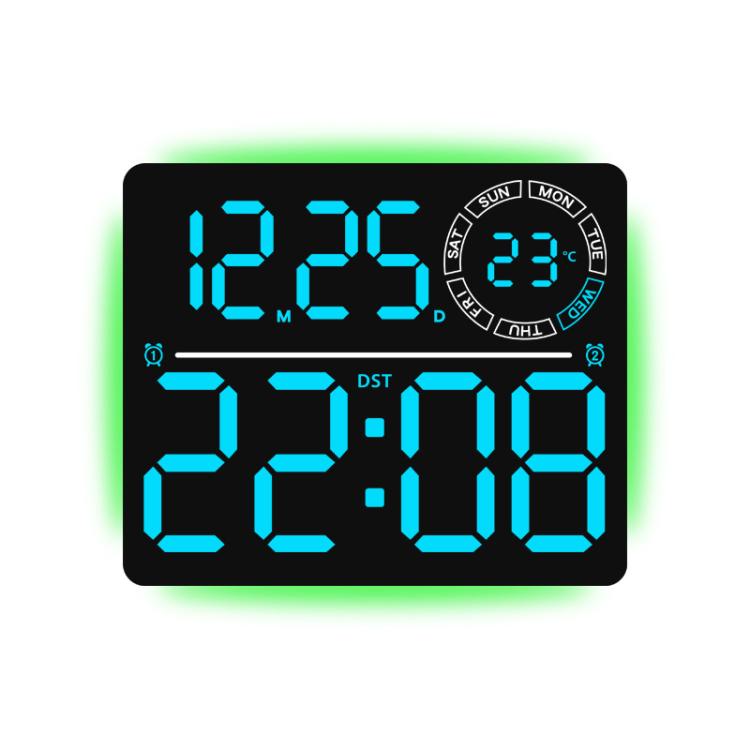 Grande orologio digitale da parete a LED con luce ambientale RGB a colori variabili, doppia sveglia e timer, ideale per palestra, ufficio e arredamento domestico.