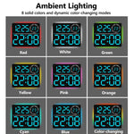 Grande orologio digitale da parete a LED con luce ambientale RGB a colori variabili, doppia sveglia e timer, ideale per palestra, ufficio e arredamento domestico.