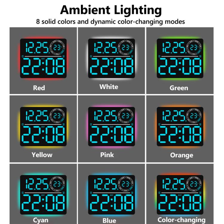 Grande orologio digitale da parete a LED con luce ambientale RGB a colori variabili, doppia sveglia e timer, ideale per palestra, ufficio e arredamento domestico.