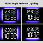 Grande orologio digitale da parete a LED con luce ambientale RGB a colori variabili, doppia sveglia e timer, ideale per palestra, ufficio e arredamento domestico.