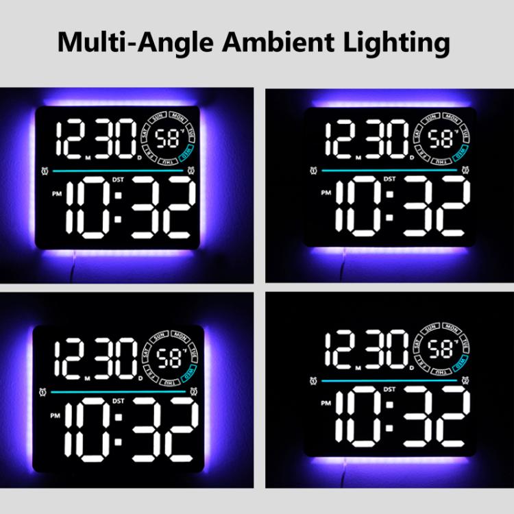 Grande orologio digitale da parete a LED con luce ambientale RGB a colori variabili, doppia sveglia e timer, ideale per palestra, ufficio e arredamento domestico.