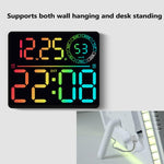 Grande orologio digitale da parete a LED con cifre a colori RGB variabili, doppia sveglia e timer, ideale per palestra, ufficio e arredamento domestico.