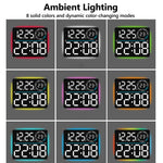 Grande orologio digitale da parete a LED con cifre a colori RGB variabili, doppia sveglia e timer, ideale per palestra, ufficio e arredamento domestico.