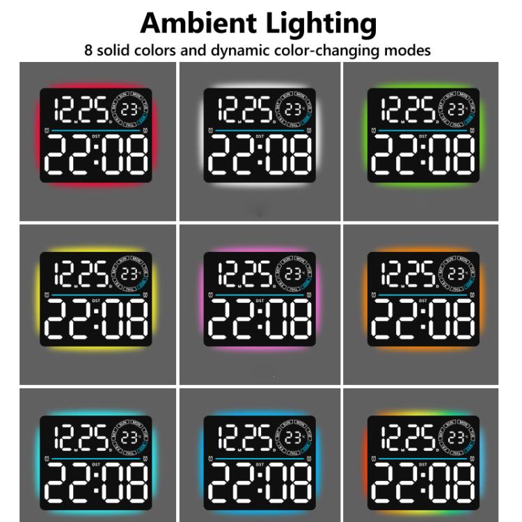 Grande orologio digitale da parete a LED con cifre a colori RGB variabili, doppia sveglia e timer, ideale per palestra, ufficio e arredamento domestico.