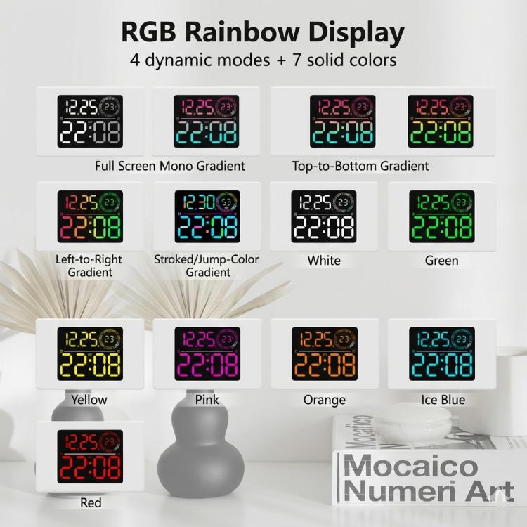 Grande orologio digitale da parete a LED con cifre a colori RGB variabili, doppia sveglia e timer, ideale per palestra, ufficio e arredamento domestico.