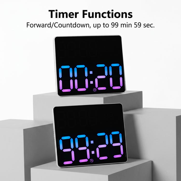 Grande orologio digitale da parete a LED con cifre a colori RGB variabili, doppia sveglia e timer, ideale per palestra, ufficio e arredamento domestico.