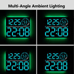 Grande orologio digitale da parete a LED con cifre a colori RGB variabili, doppia sveglia e timer, ideale per palestra, ufficio e arredamento domestico.