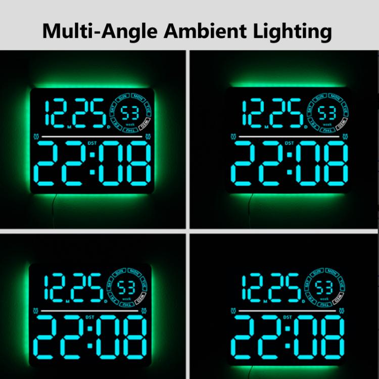 Grande orologio digitale da parete a LED con cifre a colori RGB variabili, doppia sveglia e timer, ideale per palestra, ufficio e arredamento domestico.