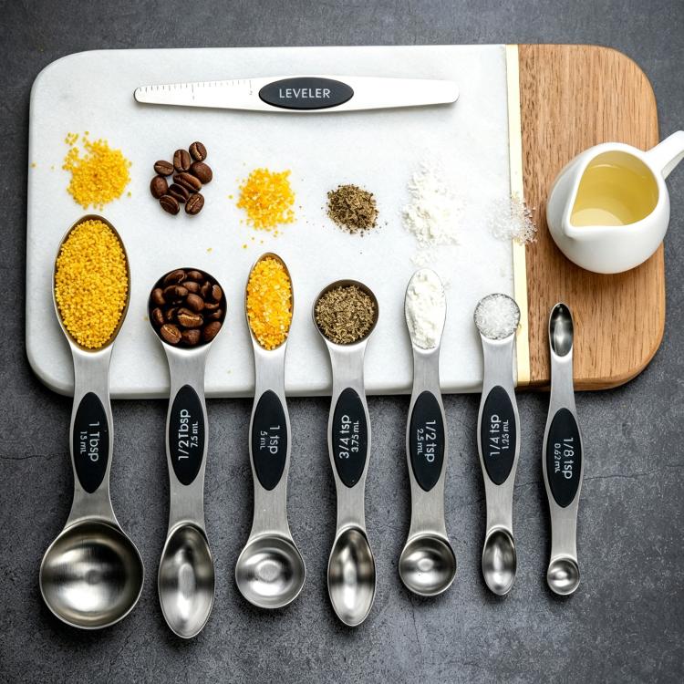 Set di 8 cucchiai dosatori magnetici a doppia estremità in acciaio inossidabile LsCook con tacche per la cottura.
