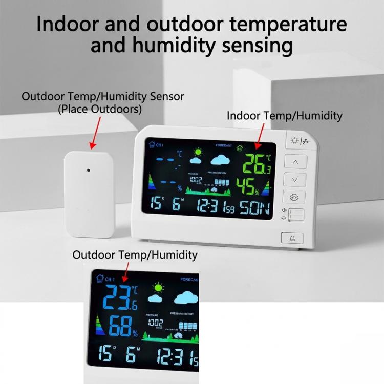 Stazione meteorologica wireless a colori con orologio atomico e sensore esterno, termometro e igrometro digitale per interni ed esterni., 767 White, 777 White