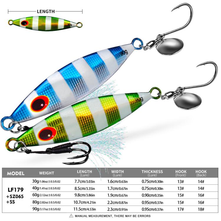 PROBEROS LF179 Esche artificiali in metallo per jigging con paletta rotante fosforescente per la pesca in acqua salata, 30g, 40g, 60g, 80g, 90g