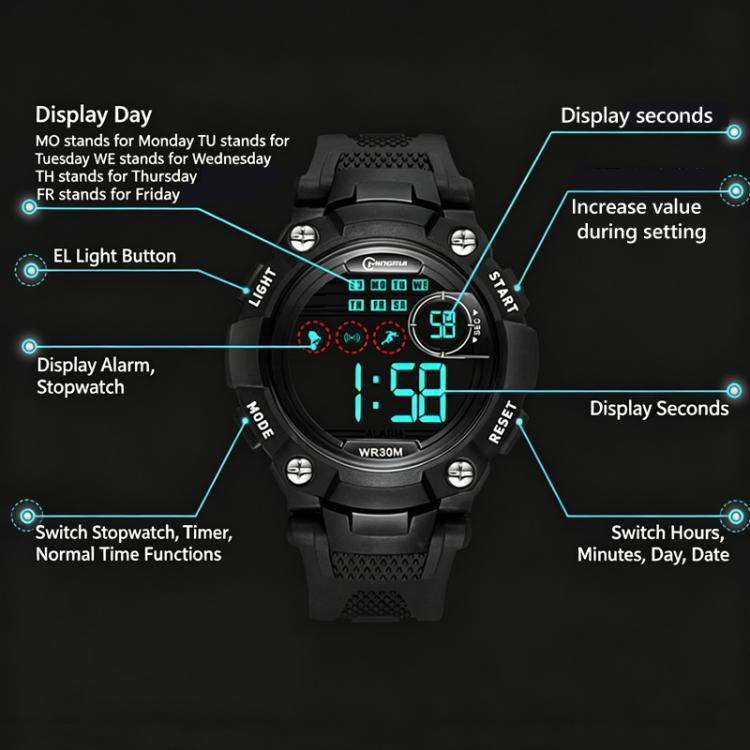 Orologio sportivo digitale per bambini MINGRUI, impermeabile, luminoso, da polso per attività all'aperto, con sveglia, cronometro e calendario.