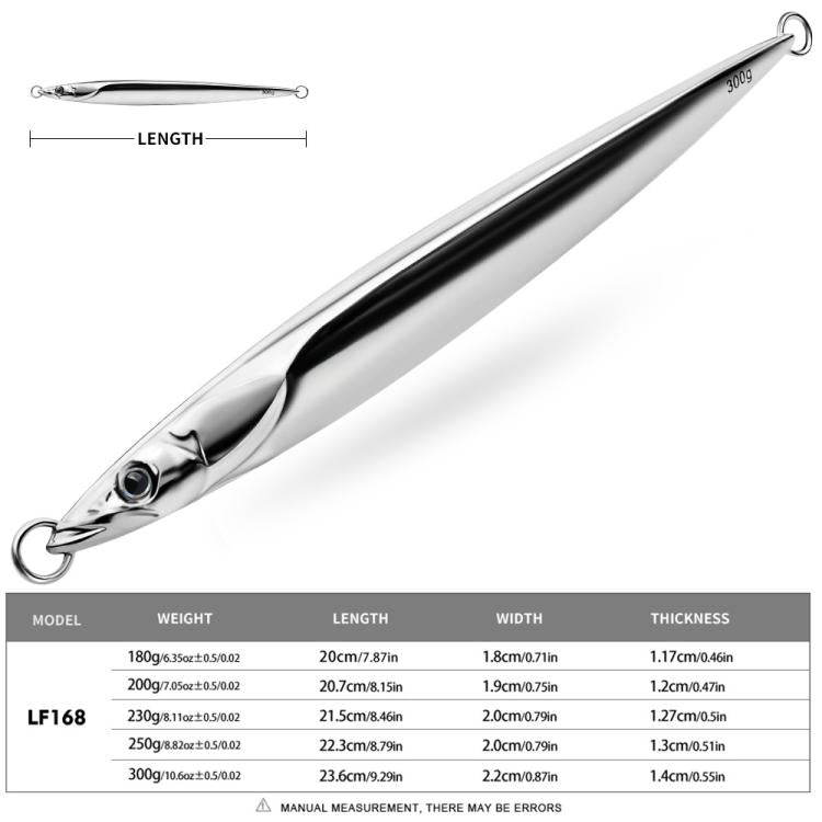 PROBEROS LF168 Esca artificiale da jigging in metallo per acqua salata, corpo vuoto, affondamento verticale, finitura a specchio, ideale per la pesca di sgombri., 180g, 200g, 230g, 250g, 300g
