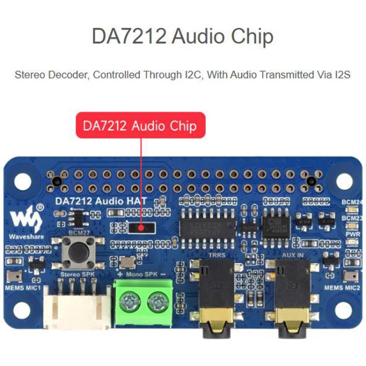 DA7212 I2S Audio Board For Raspberry Pi, Stereo Encoding/Decoding, Waveshare 34213