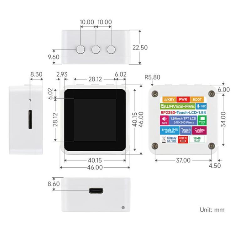 Waveshare 34332 RP2350 1.54 Inch LCD Display Development Board 65K Color, IPS Display Panel, Dual-Core And Dual-Architecture, 34332
