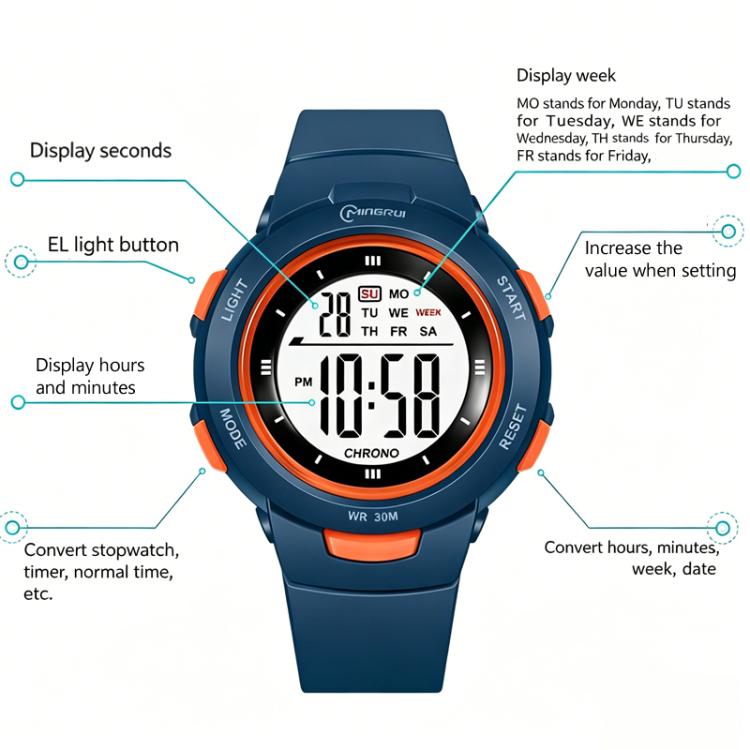 Orologio sportivo digitale MINGRUI per bambini e bambine, impermeabile fino a 30 metri, con retroilluminazione a LED, sveglia, cronometro e calendario.