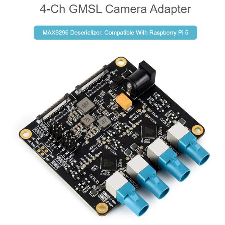 Waveshare 34128 4-Ch GMSL Camera Adapter Board, Equipped With MAX9296 Deserializer, For Raspberry Pi 5, EU Plug, UK Plug, US Plug