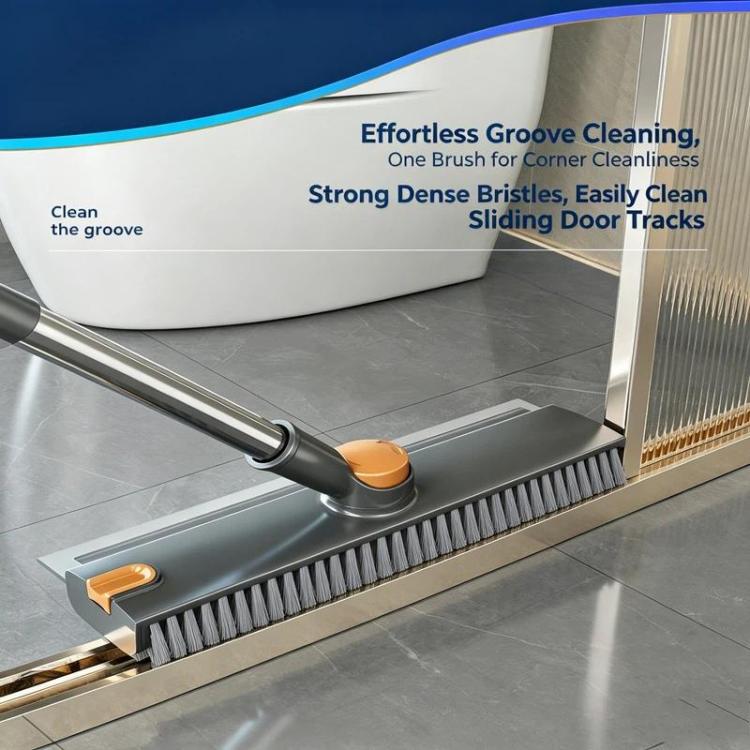 Spazzola per pavimenti con manico lungo 2 in 1 Spazzola per fughe a doppia faccia a forma di V con tergivetro, testina girevole a 360 gradi e pinzette per capelli incorporate