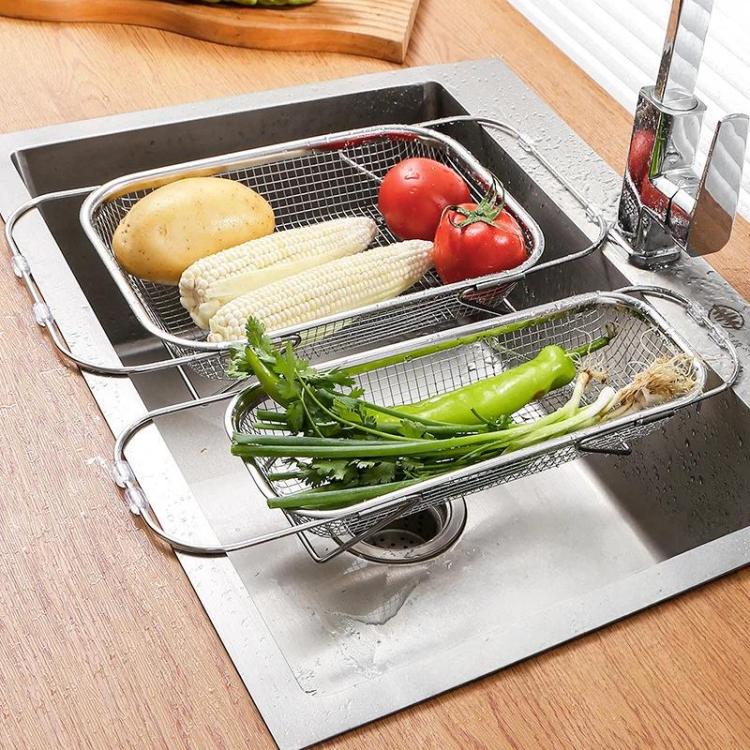 Colino espandibile da posizionare sopra il lavello, in acciaio inox 304, con cestello di scolo a maglia fine, bracci regolabili e piedini di supporto., Small, Medium, Large, Extra Large