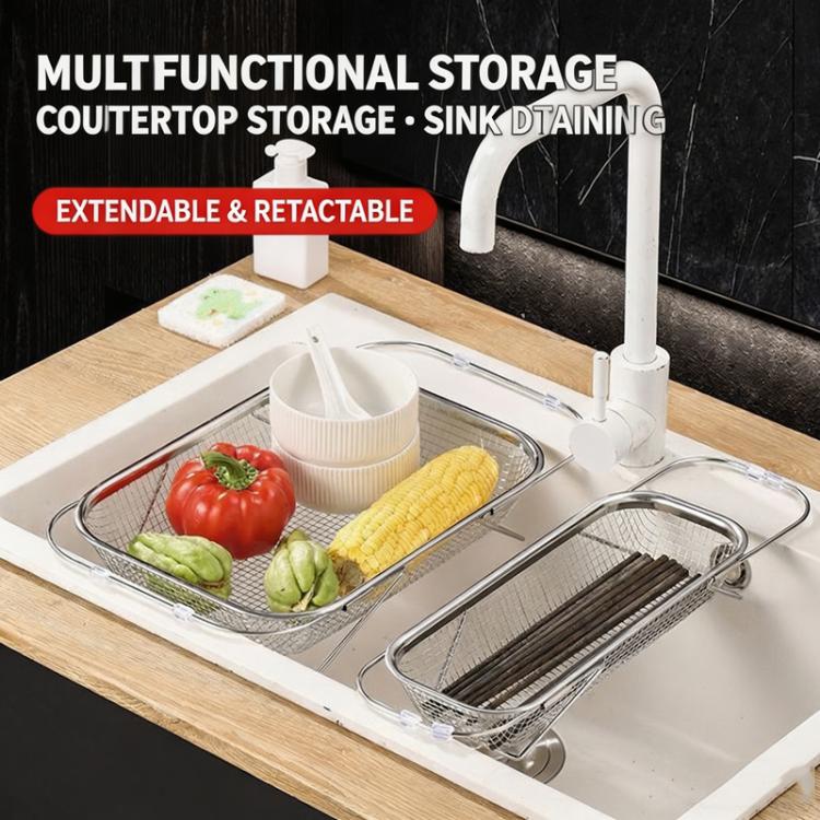 Colino espandibile da posizionare sopra il lavello, in acciaio inox 304, con cestello di scolo a maglia fine, bracci regolabili e piedini di supporto., Small, Medium, Large, Extra Large