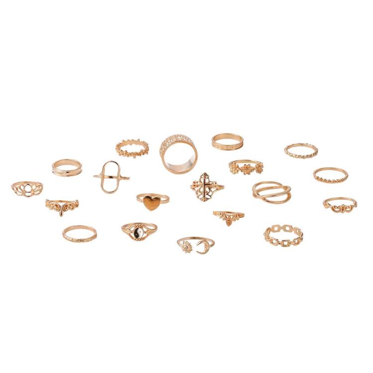 Set di 19 anelli vintage a catena con cuore e fiore