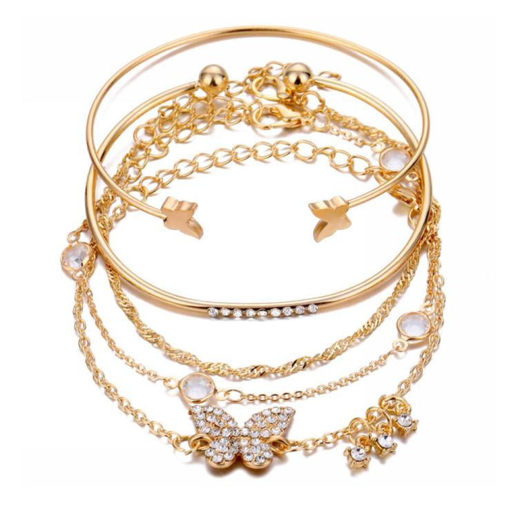 Set di 5 bracciali aperti a farfalla in stile bohémien con diamanti e cristalli