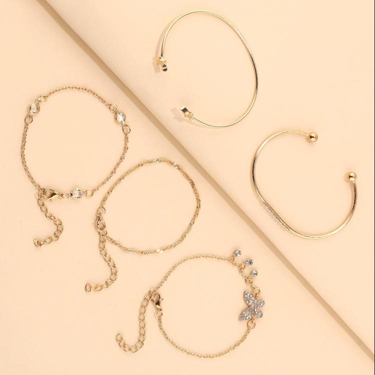 Set di 5 bracciali aperti a farfalla in stile bohémien con diamanti e cristalli