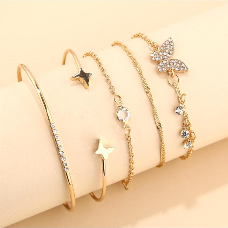 Set di 5 bracciali aperti a farfalla in stile bohémien con diamanti e cristalli