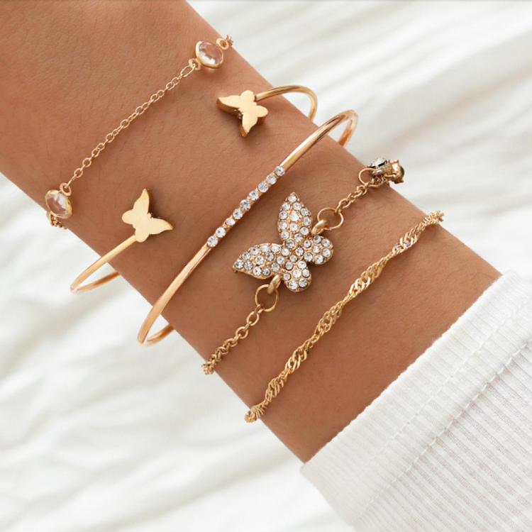 Set di 5 bracciali aperti a farfalla in stile bohémien con diamanti e cristalli