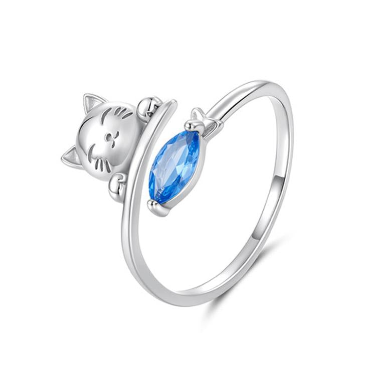 Anello aperto con gatto che mangia pesce, placcato in rame e oro bianco.