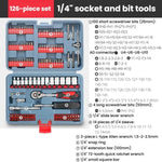 Set di attrezzi per riparazione auto Hi-Spec da 128 pezzi da 1 1/4 di pollice, con punte di forma speciale, bussole e chiave a cricchetto., 126 In 1