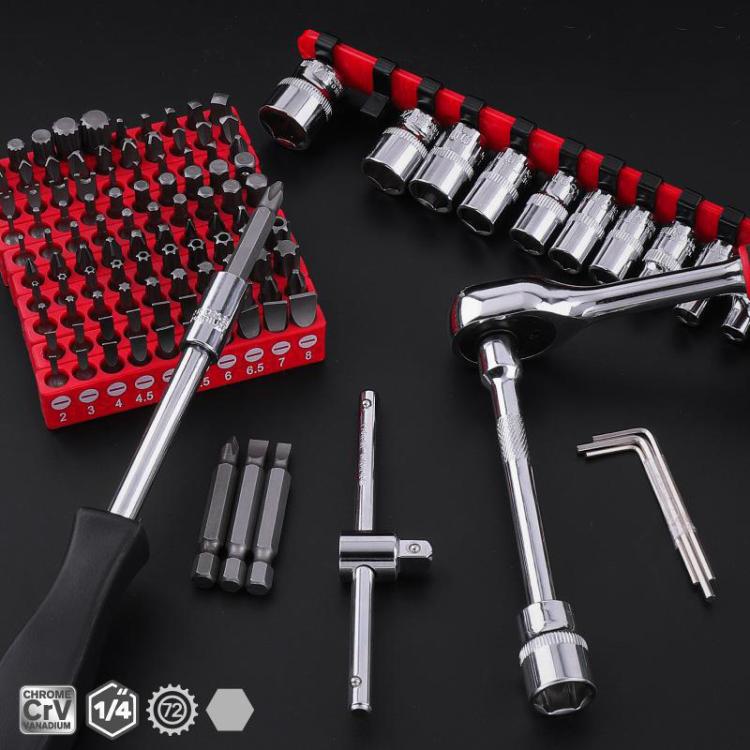 Set di attrezzi per riparazione auto Hi-Spec da 128 pezzi da 1 1/4 di pollice, con punte di forma speciale, bussole e chiave a cricchetto., 126 In 1