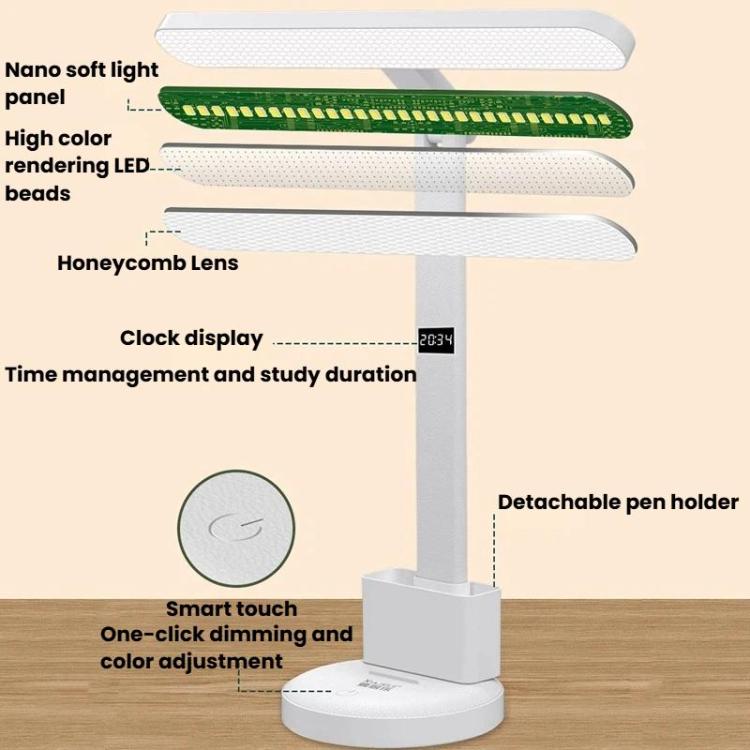 Lampada da scrivania Xiajule per la cura degli occhi, con display dell'ora, 3 temperature di colore dimmerabili e luce da comodino., 1200mAh, 1800mAh