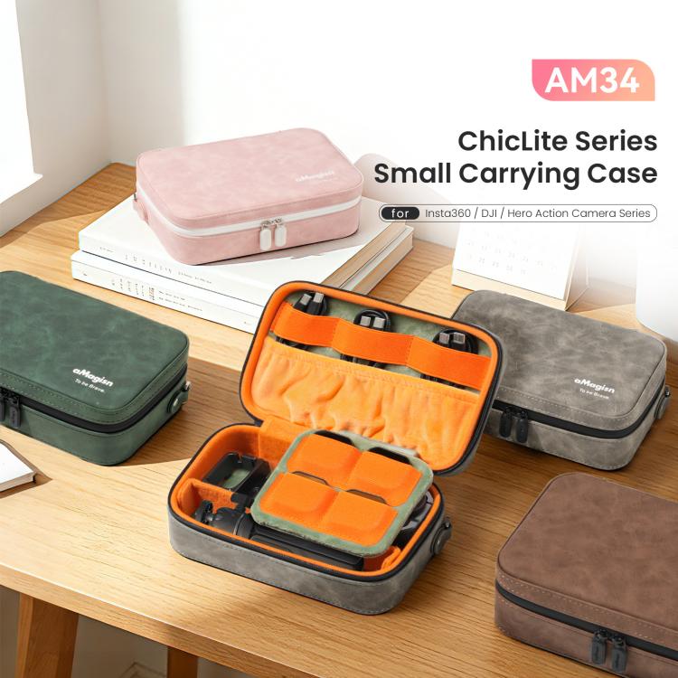 Custodia per action camera aMagins in pelle nabuk, piccola borsa da viaggio con divisori regolabili.