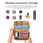 Custodia per action camera aMagins in pelle nabuk, piccola borsa da viaggio con divisori regolabili.