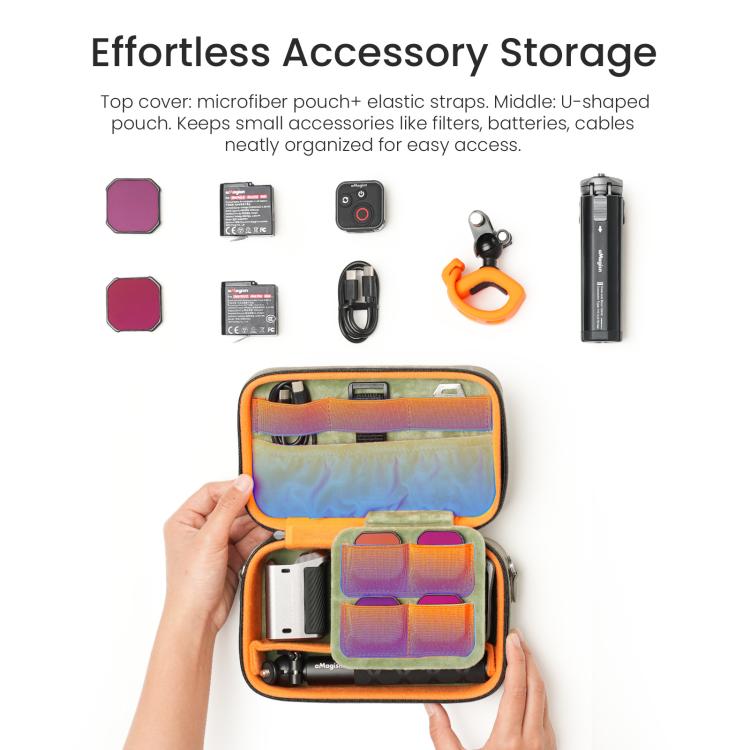 Custodia per action camera aMagins in pelle nabuk, piccola borsa da viaggio con divisori regolabili.
