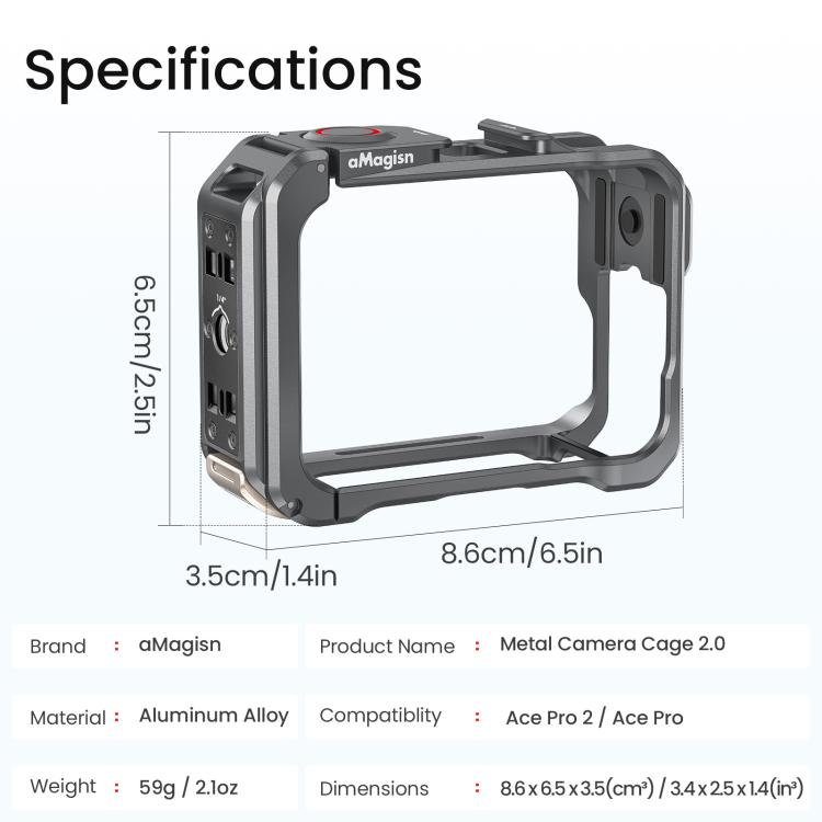 Gabbia per fotocamera in metallo Amagisn per Insta360 Ace Pro 2 / Ace Pro 2.0 con commutazione rapida tra ripresa verticale e orizzontale e attacco a slitta.