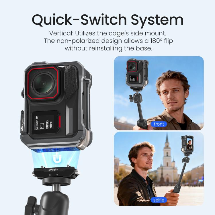 Gabbia per fotocamera in metallo Amagisn per Insta360 Ace Pro 2 / Ace Pro 2.0 con commutazione rapida tra ripresa verticale e orizzontale e attacco a slitta.
