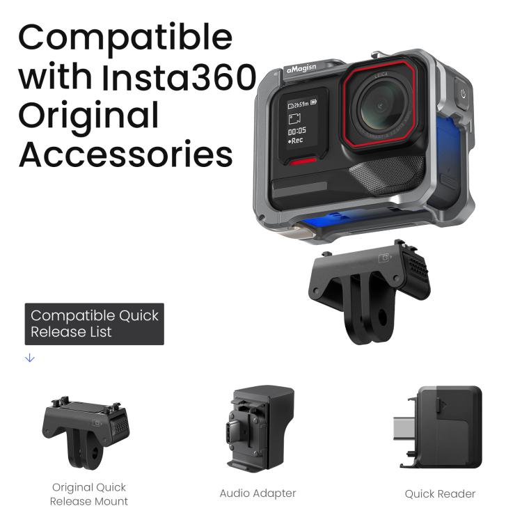 Gabbia per fotocamera in metallo Amagisn per Insta360 Ace Pro 2 / Ace Pro 2.0 con commutazione rapida tra ripresa verticale e orizzontale e attacco a slitta.