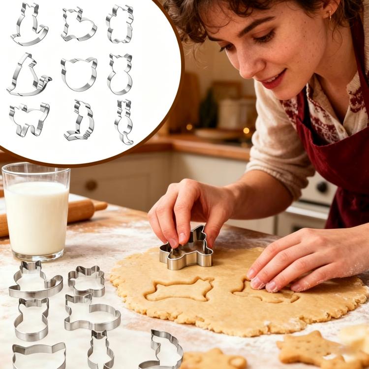 Stampo per biscotti a forma di gatto in acciaio inossidabile, taglia biscotti a cartone animato, LsCook 9-Piece Set