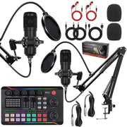 Doppio microfono a condensatore BM800 con scheda audio F998max per live, kit per podcast e attrezzatura per podcasting, supporto a braccio regolabile a forbice.