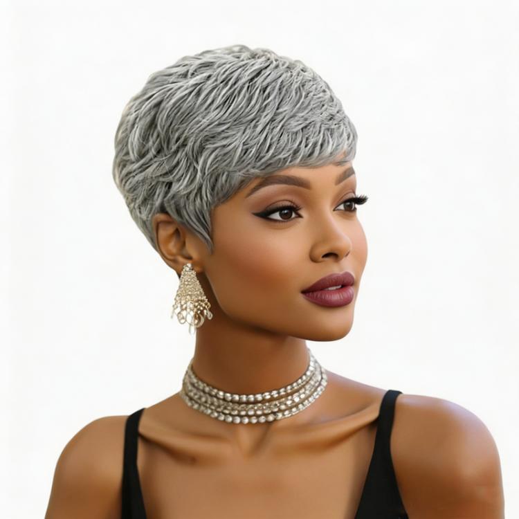 Parrucche corte grigie effetto capelli umani per donna, taglio pixie, mix di grigio sale e pepe e argento, parrucche corte a strati realizzate a macchina, 2 inch