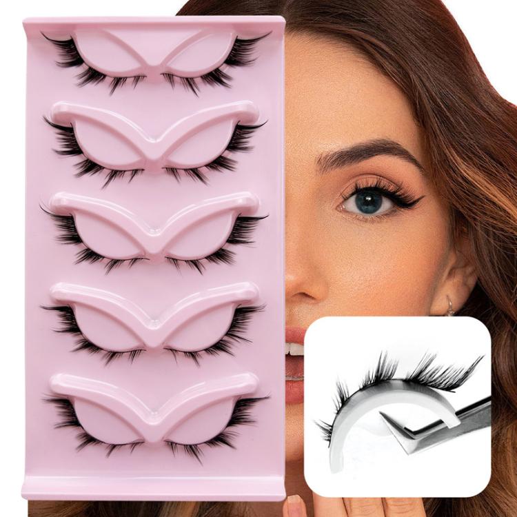 5 paia di ciglia finte volumizzanti oblique a forma di occhio di volpe, con estremità allungate e stelo nero, ideali per il trucco da palcoscenico., AQ-02