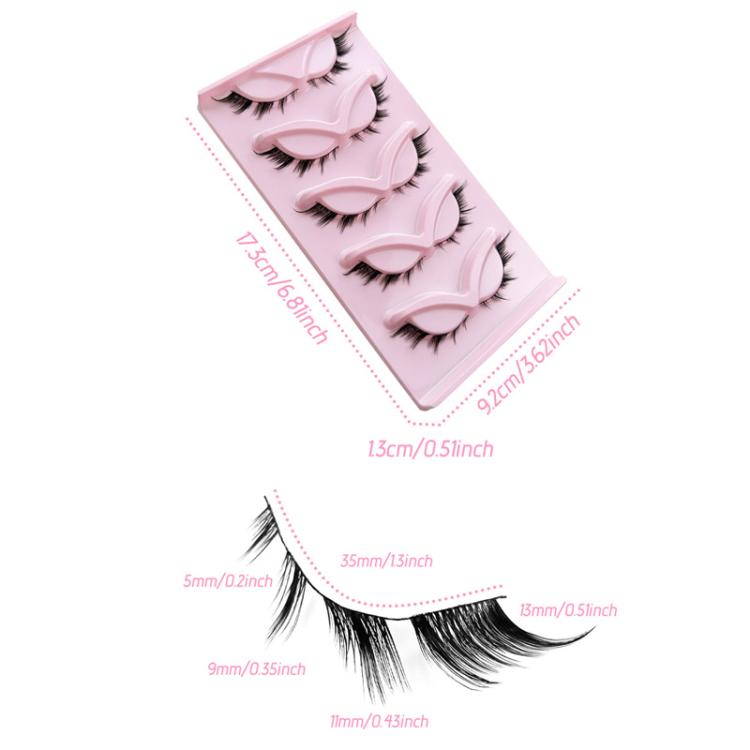 5 paia di ciglia finte volumizzanti oblique a forma di occhio di volpe, con estremità allungate e stelo nero, ideali per il trucco da palcoscenico., AQ-02